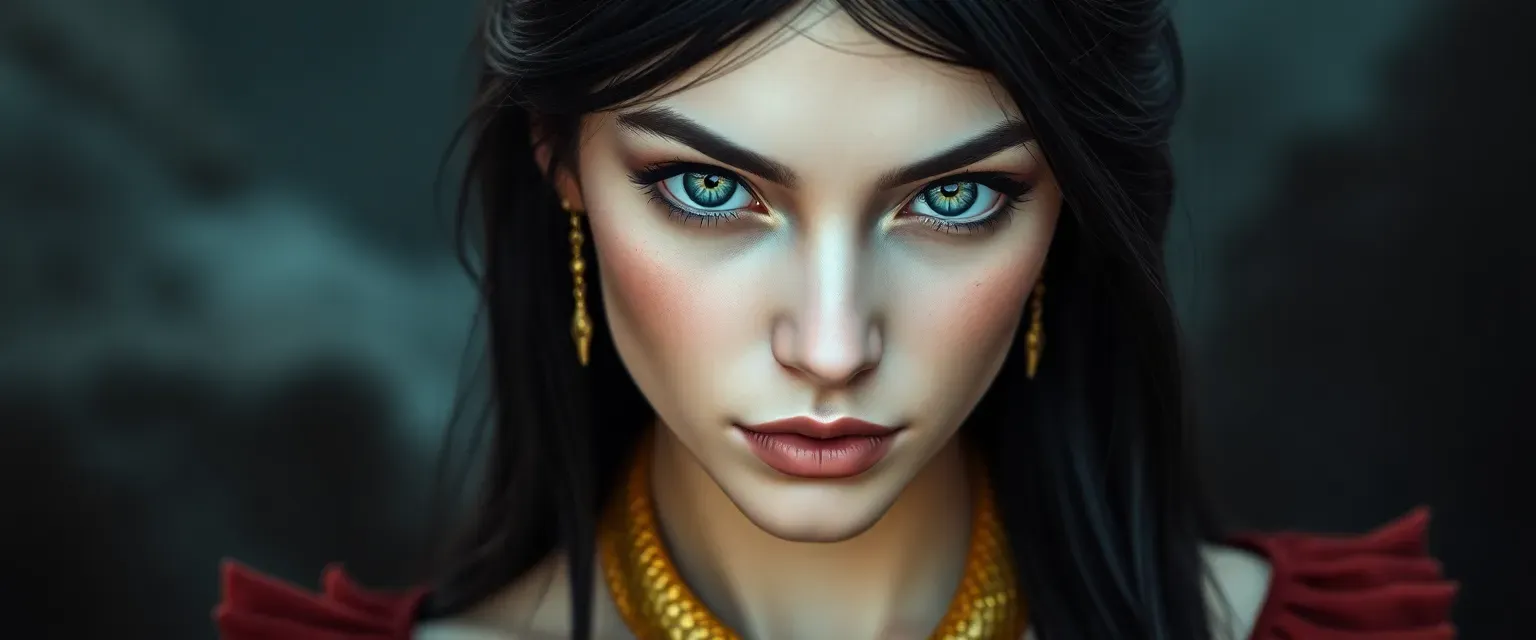 Young, beautiful woman with pale skin, raven hair, and a gold snake necklace. Her eyes can turn into snake eyes.