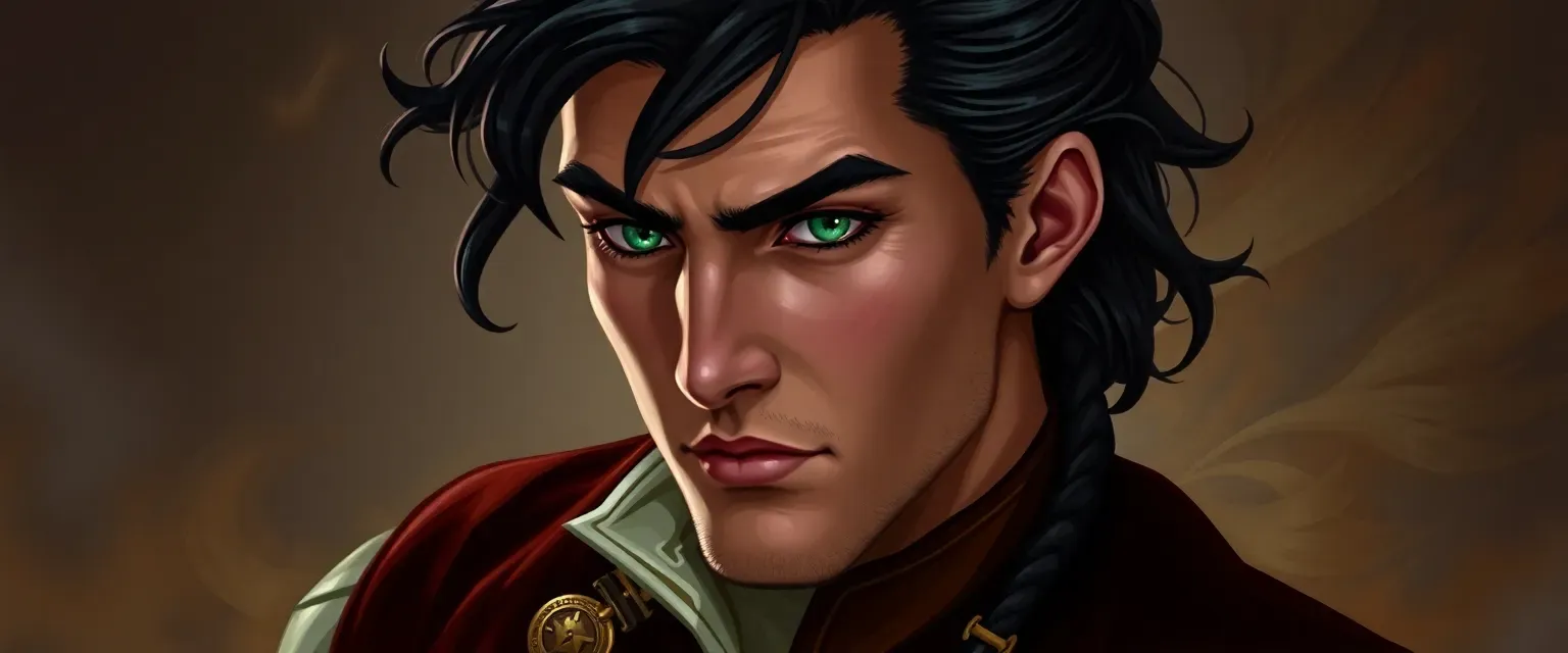 A charismatic 32-year-old bard with raven hair and emerald eyes, dressed in a velvet doublet, embodying both nobility and artistry.