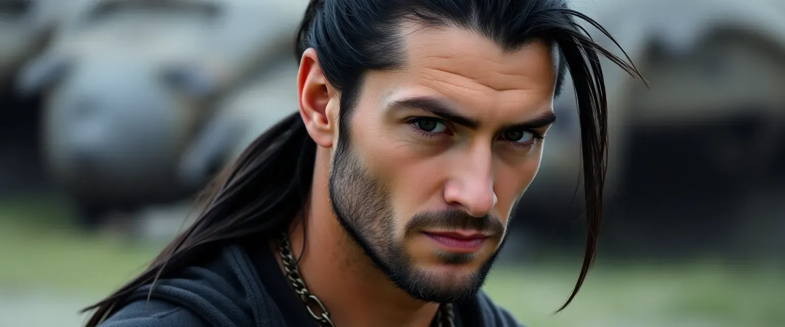 Man, 32, long black ponytail, dark brown eyes, rugged yet contemplative.