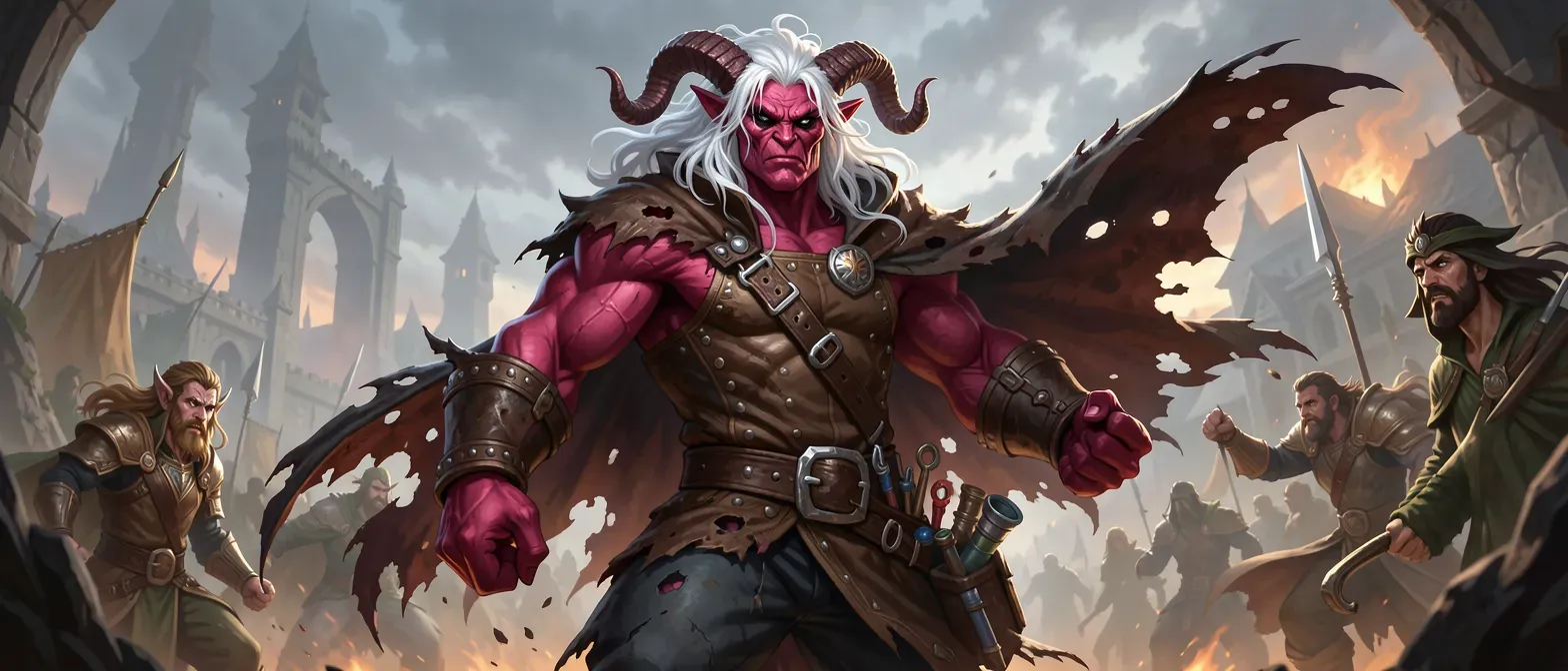 Towering 6'5" crimson-skinned tiefling with white tangled hair, curling horns, smoldering coal eyes, wearing studded leather jerkin, charred cloak, and artificer's tools at belt, muscular build.