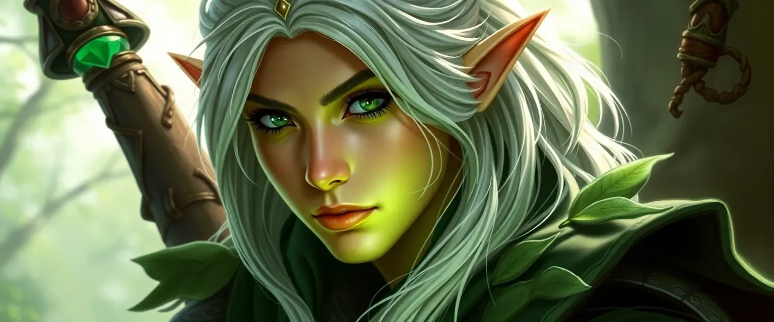 Elf cleric with silver-green hair and emerald eyes, wearing leaf and bark robes.