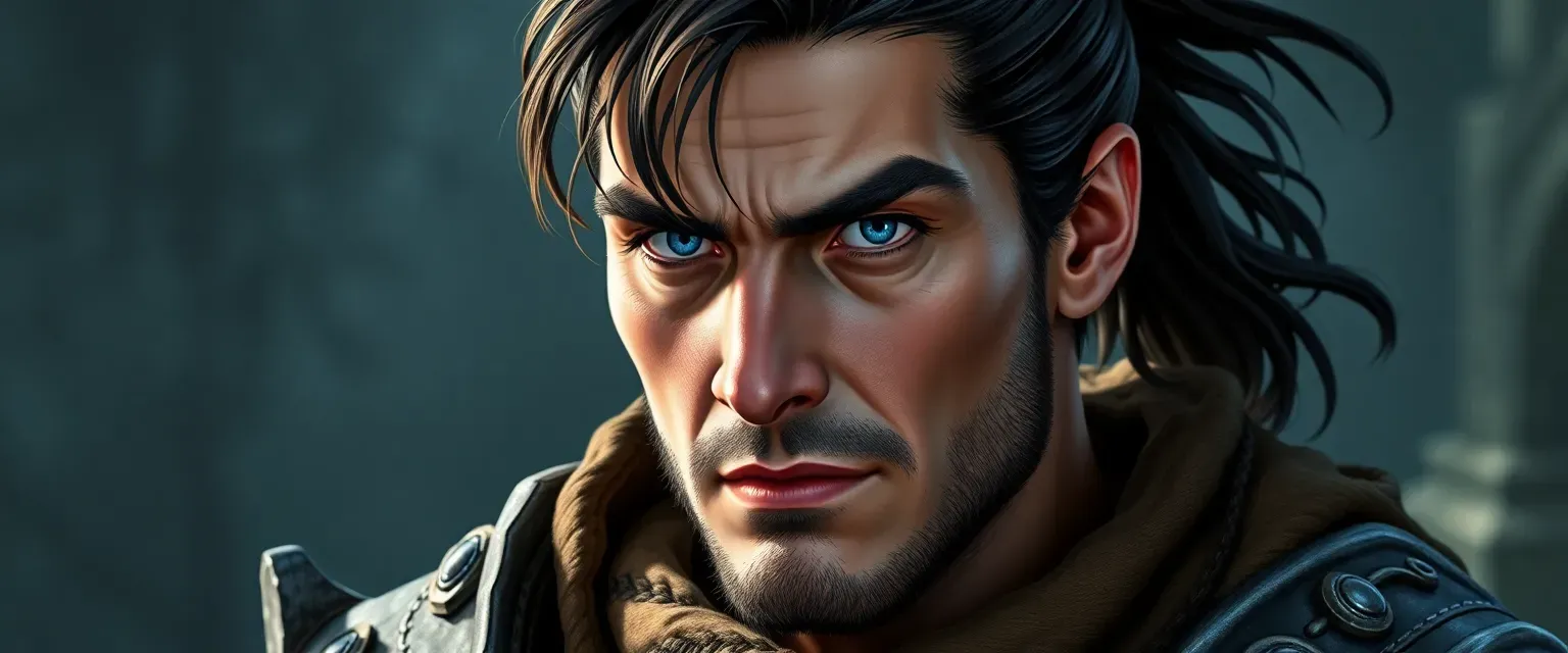 Mid-thirties man, sturdy build, dark brown hair tied back, piercing blue eyes, wearing battle-marked armor.