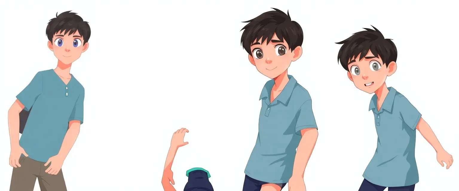 14-year-old Hayden, 5'6, slender, androgynous, short black hair with curtain bangs, grey eyes, wearing a light blue polo, navy shorts, black socks.