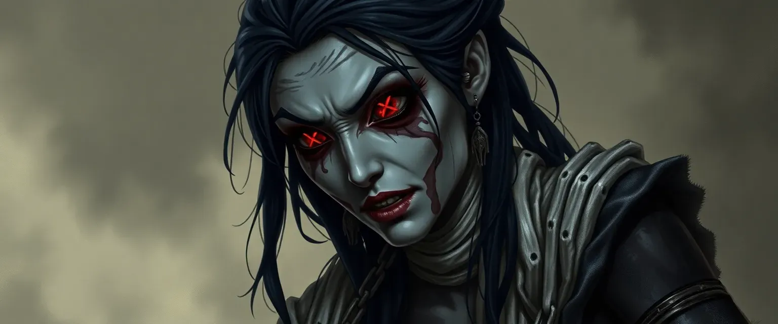 Cursed female with grey and black skin, bandages, chains, black hair, red eyes with black X's.