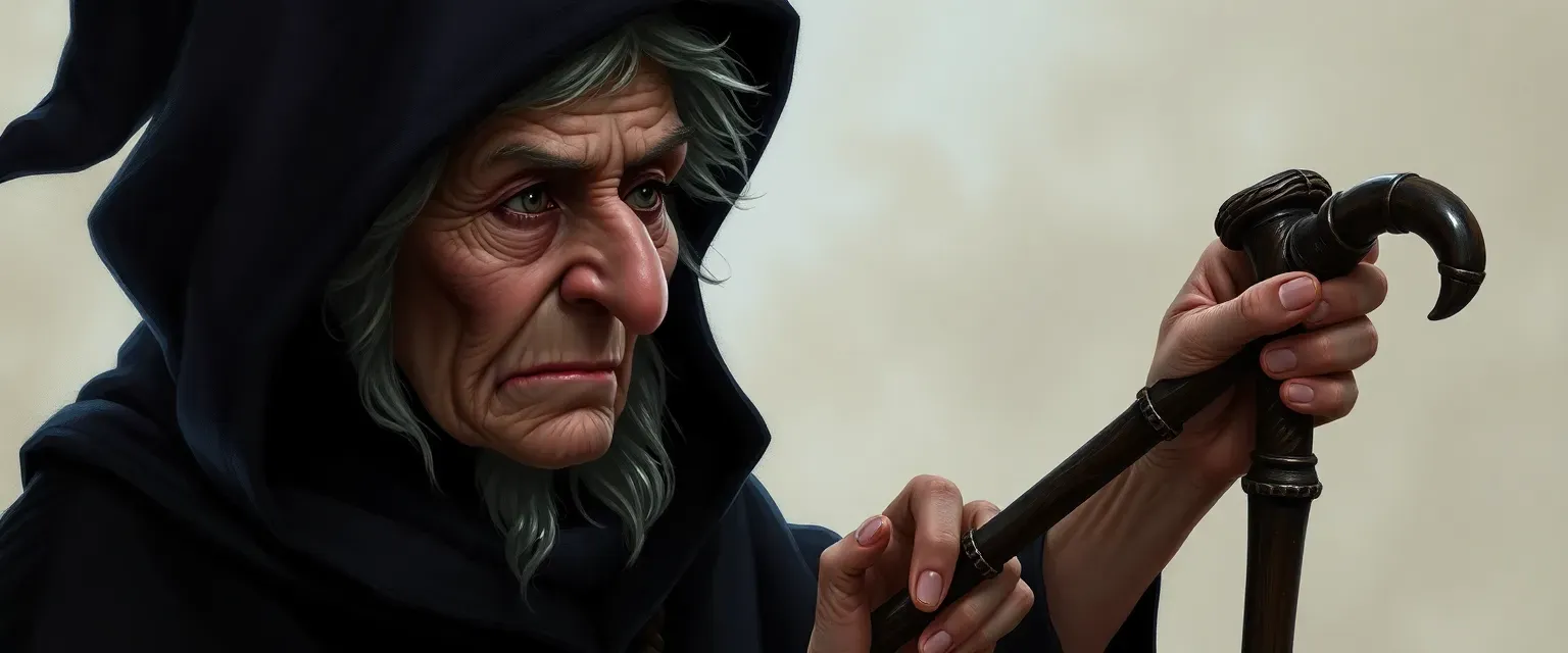 Elderly witch in a dark hooded cloak, using a cane, with a grandmotherly face and a long crooked nose.