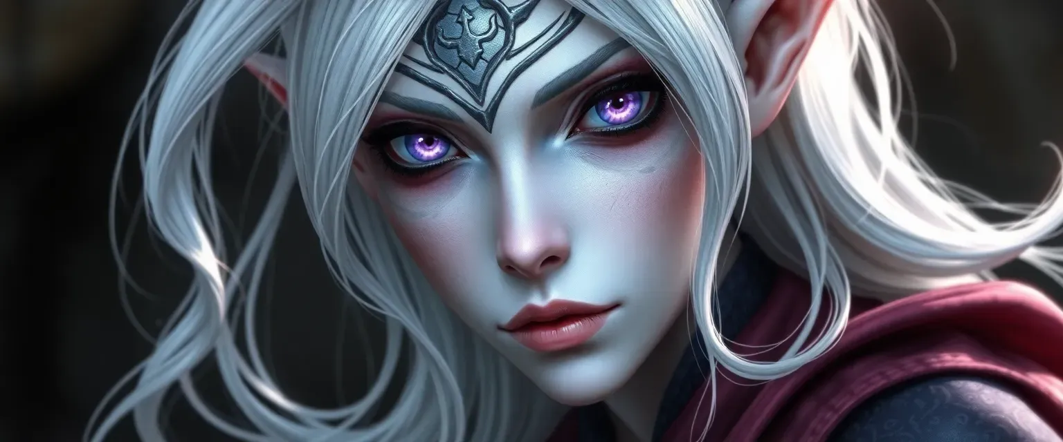 20-year-old Drow elf female, 5'6", 125 lbs, pale skin, white hair, violet eyes, spore mask, ethereal psychic.