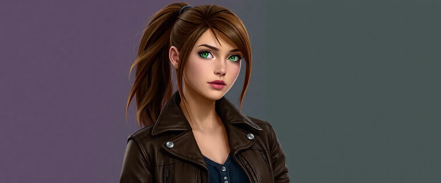 Early 30s woman, 5'6", lean, chestnut ponytail, green eyes, leather jacket, jeans, boots.