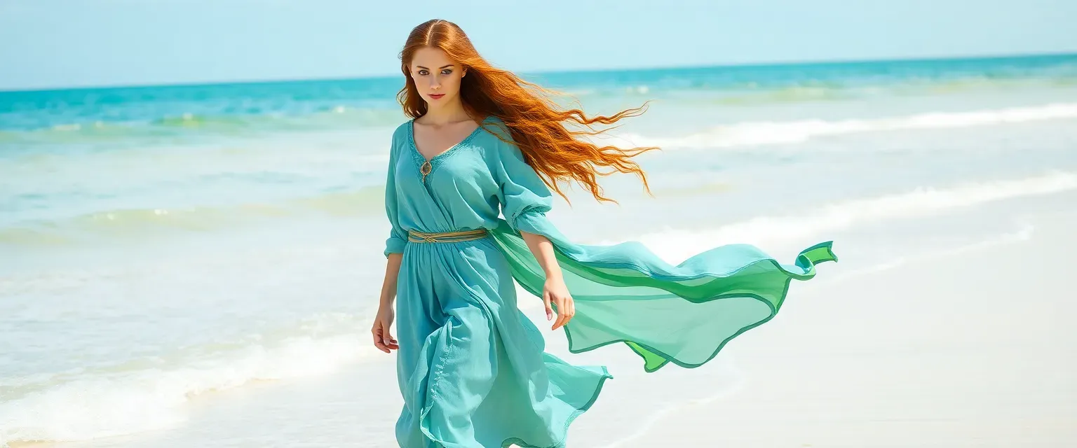 Young woman with chestnut hair and sea-green eyes, wearing light blue and green flowing garments, walking barefoot on the beach.