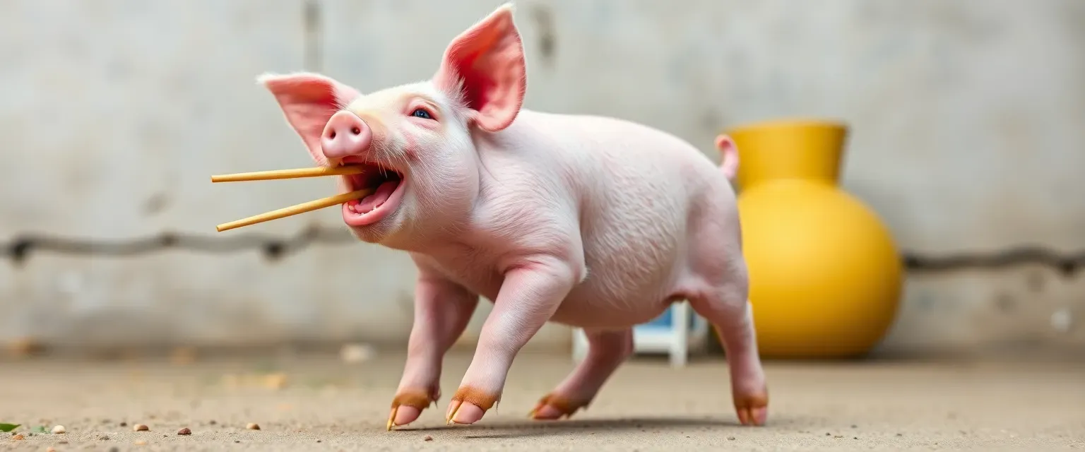 Young pink pig, using chopsticks on all four trotters to walk, screaming, vibrant and determined.