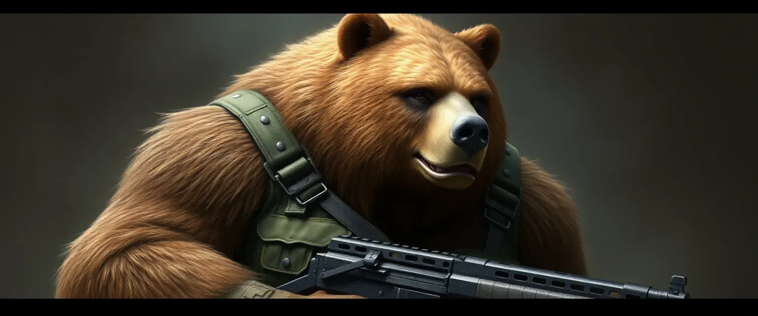 A towering bear with matted, scarred fur, wearing a worn military uniform, holding a heavy-duty rifle.