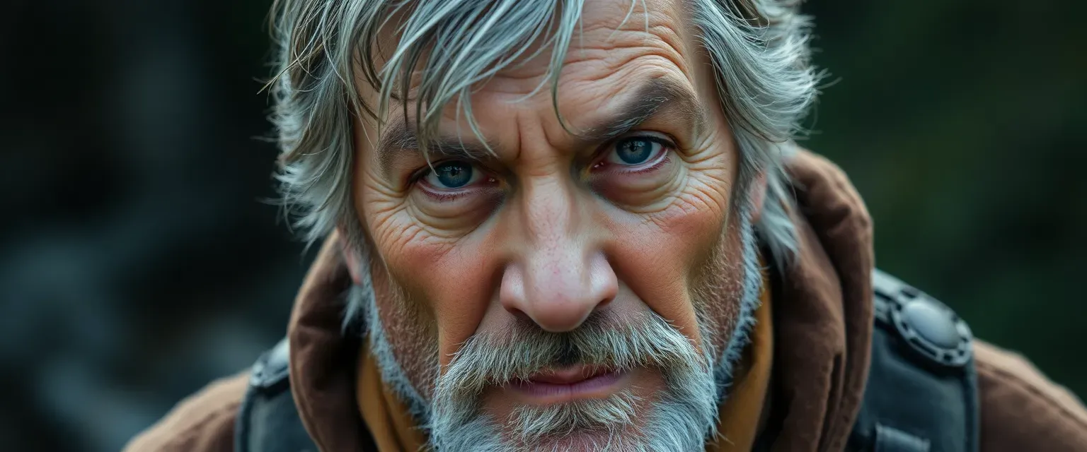 Middle-aged man with a rugged look, crooked nose, deep-set eyes, gray unkempt hair, wearing worn-out hunting gear.