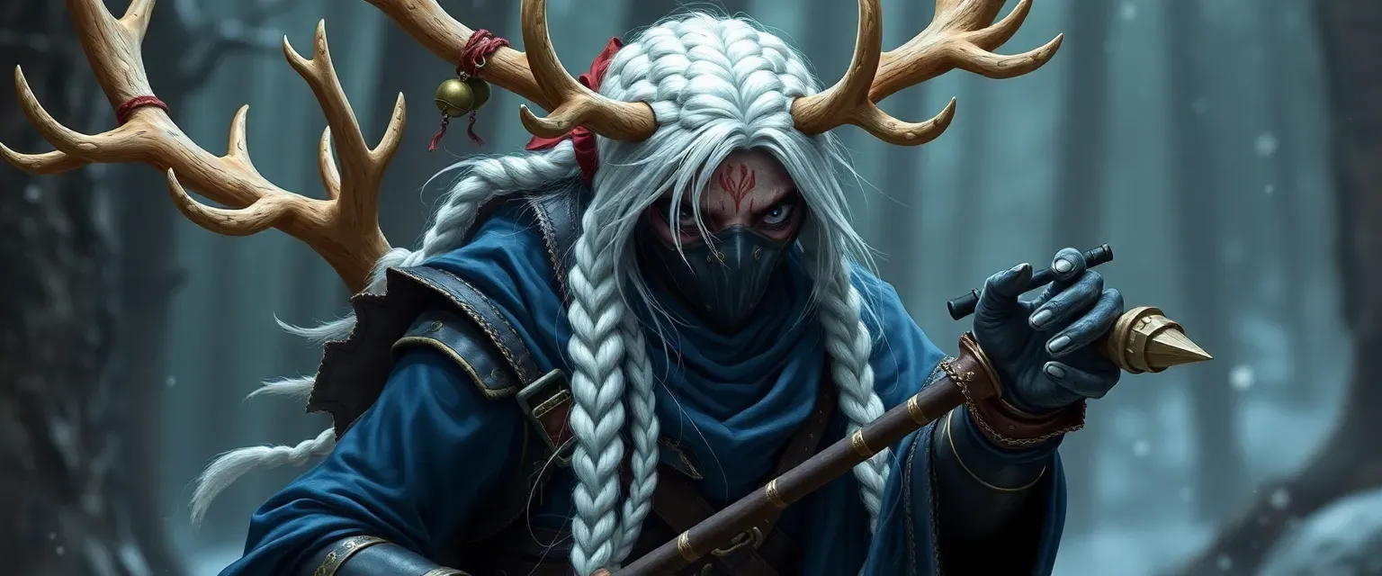 27-year-old necromancer ranger, 4'11" tall, white long braided hair between elk antlers with ribbons and bells, blue eyes with gold flecks, masked burn-scarred face, cloven hoofed legs furred white, 7ft curly-tailed, wearing indigo priestly robes over ranger leather.