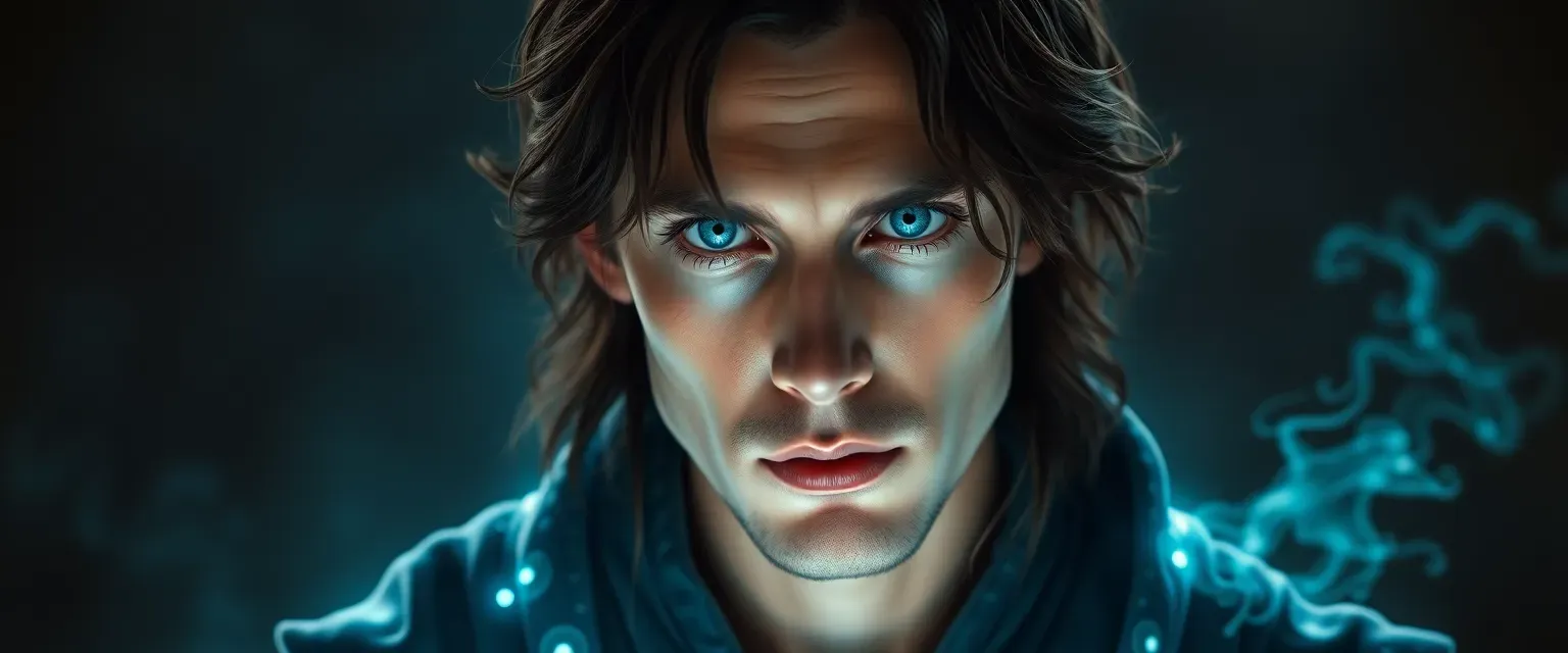 A 42-year-old human warlock with dark brown hair and piercing blue eyes, wearing celestial-glowing robes.