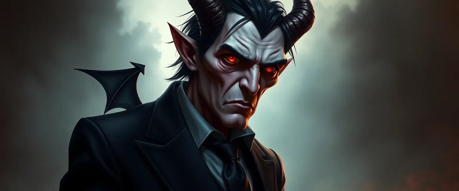 Older incubus demon with pale skin, crimson eyes, and black hair, dressed in a dark, tailored suit.