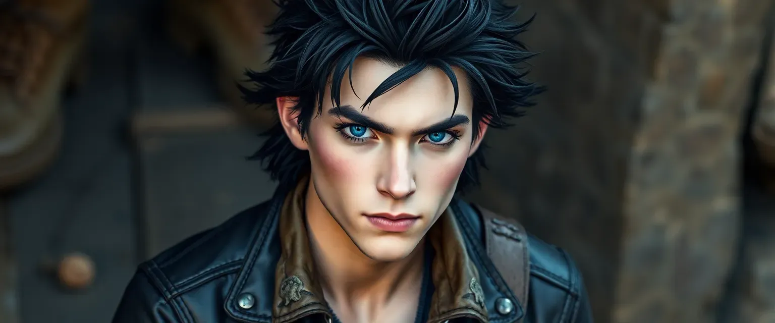 Young man with wild black hair, piercing blue eyes, leather jacket with patches, rugged boots.