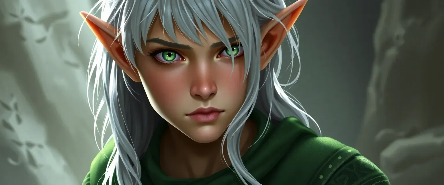 Young elf with silver hair and emerald eyes, wearing a green tunic with subtle runes.
