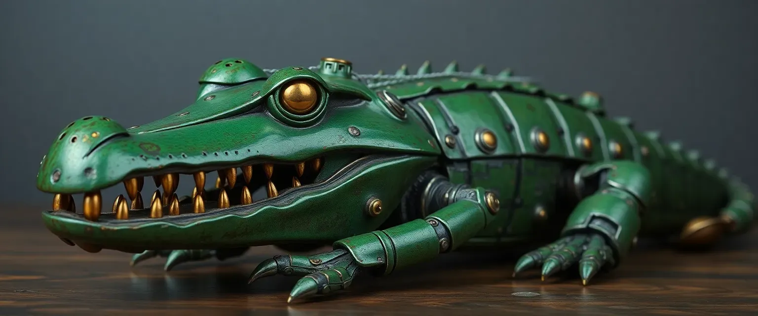 Rusted green alligator robot from 1829, with gleaming brass eyes and creaking joints.