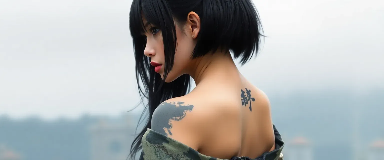 Young Japanese woman with black hair, pale skin, wearing a kimono and combat boots, with a map tattoo on her lower back.