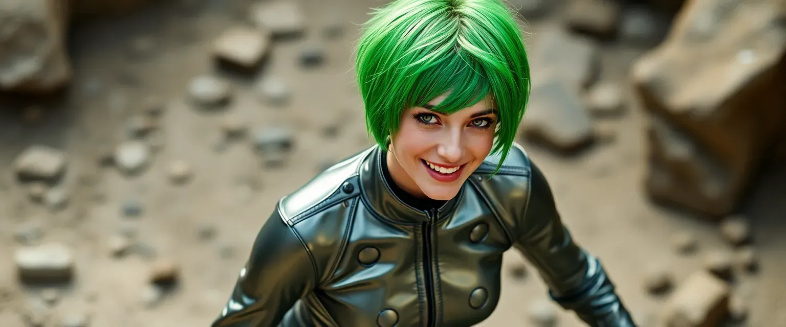 Adventurous daredevil with short green hair wearing a metallic jumpsuit with large holes.