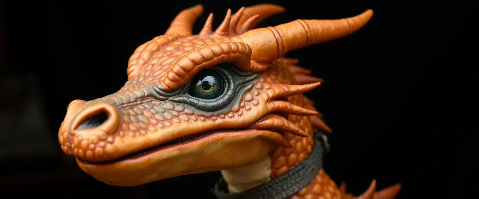A three-foot dragon puppet with faded red and orange scales, haunted glass eyes, and a tattered collar.