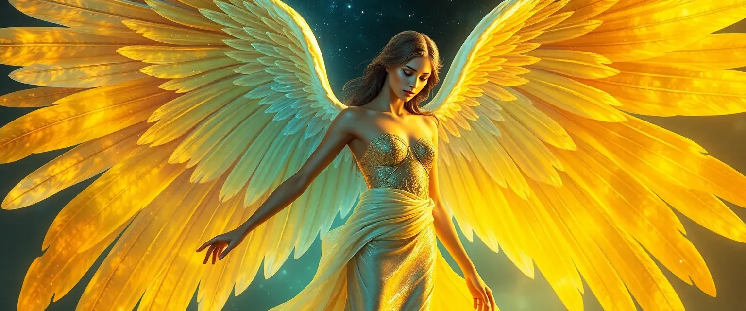 Tall, slender angel with shimmering golden skin, flowing robes shifting in color, deep cosmic eyes.