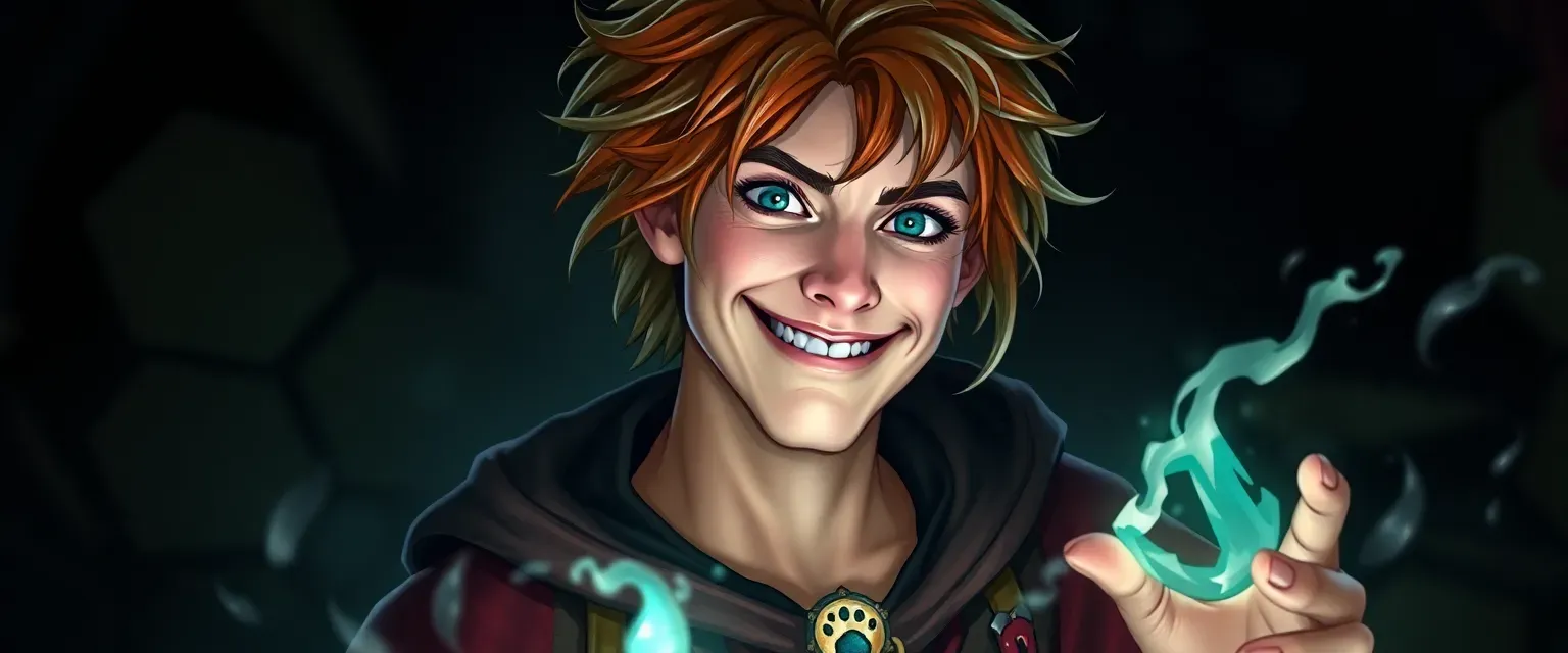 35-year-old lean sorcerer with unruly auburn-silver hair, mismatched blue-green eyes, wearing patchwork crimson-gold robes, dangling cat's paw talisman; grinning happily.