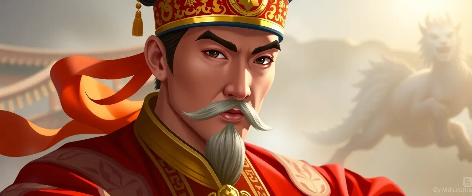 23-year-old Chinese Emperor in crimson and gold robes, youthful yet serious, with a faint mustache and beard.