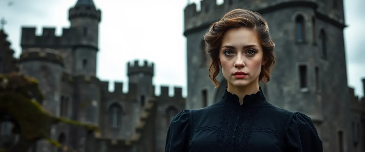 Pale, red-eyed woman in dark Victorian dress, standing against an old castle backdrop in Ireland.
