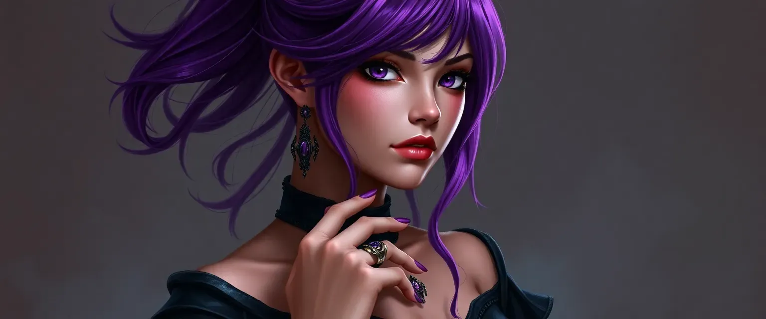 Tall woman with purple hair, wearing magenta and black, adorned with three rings.