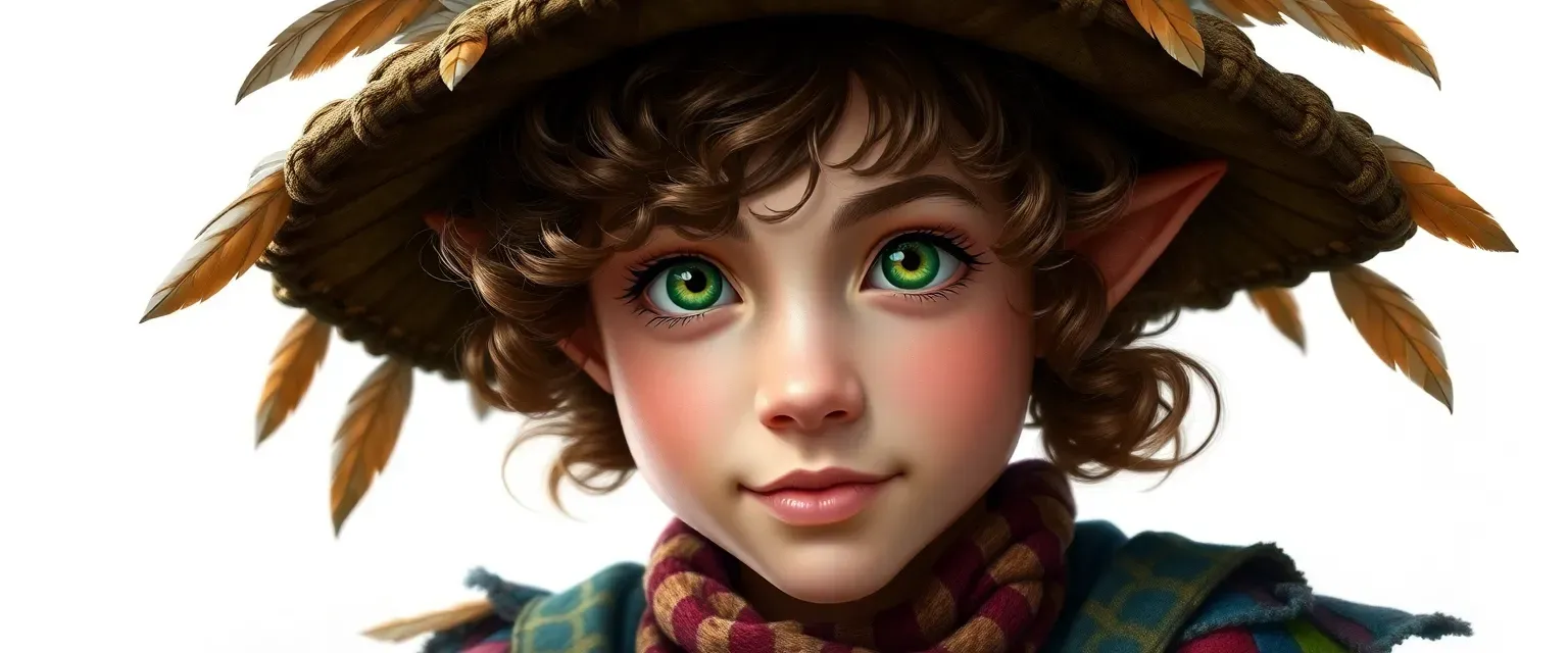 18-year-old halfling, curly brown hair, green eyes, colorful patchwork clothes, wide-brimmed hat with feathers.