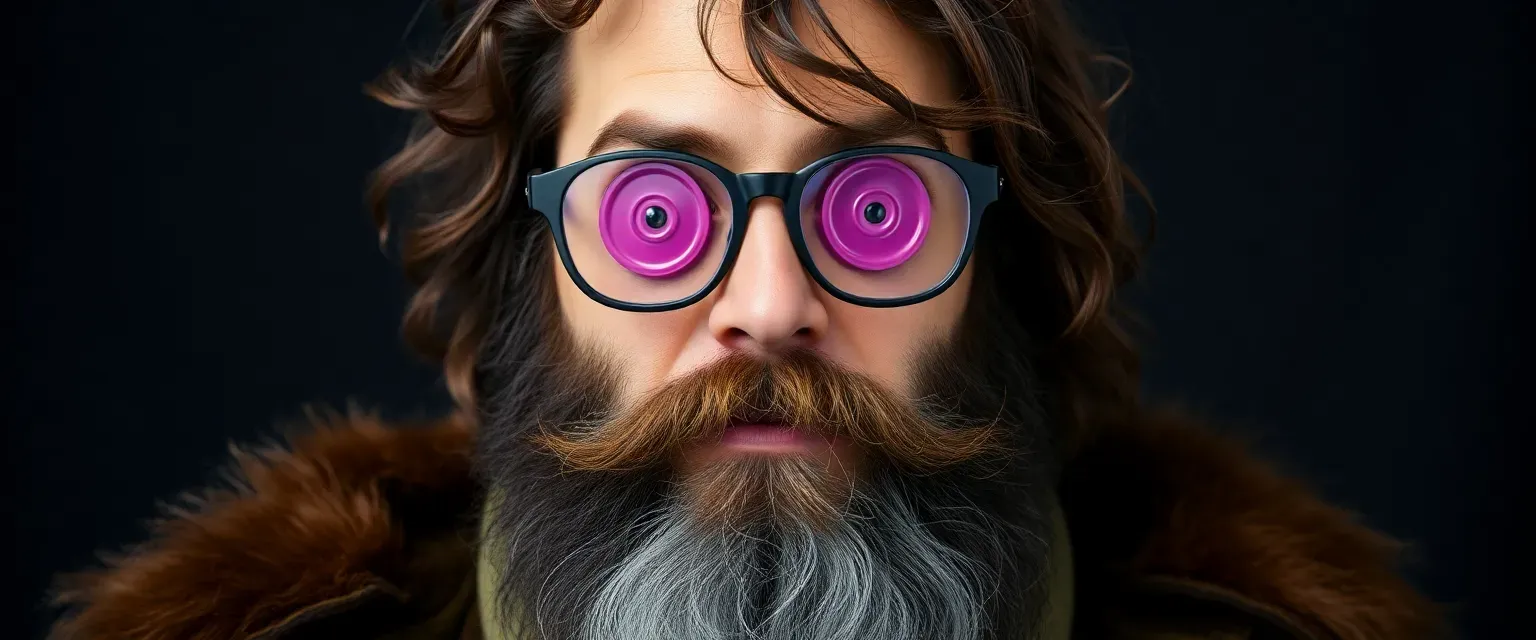 A bearded man in his forties with frilly dark brown hair, wearing glasses, and frisbees instead of eyes.