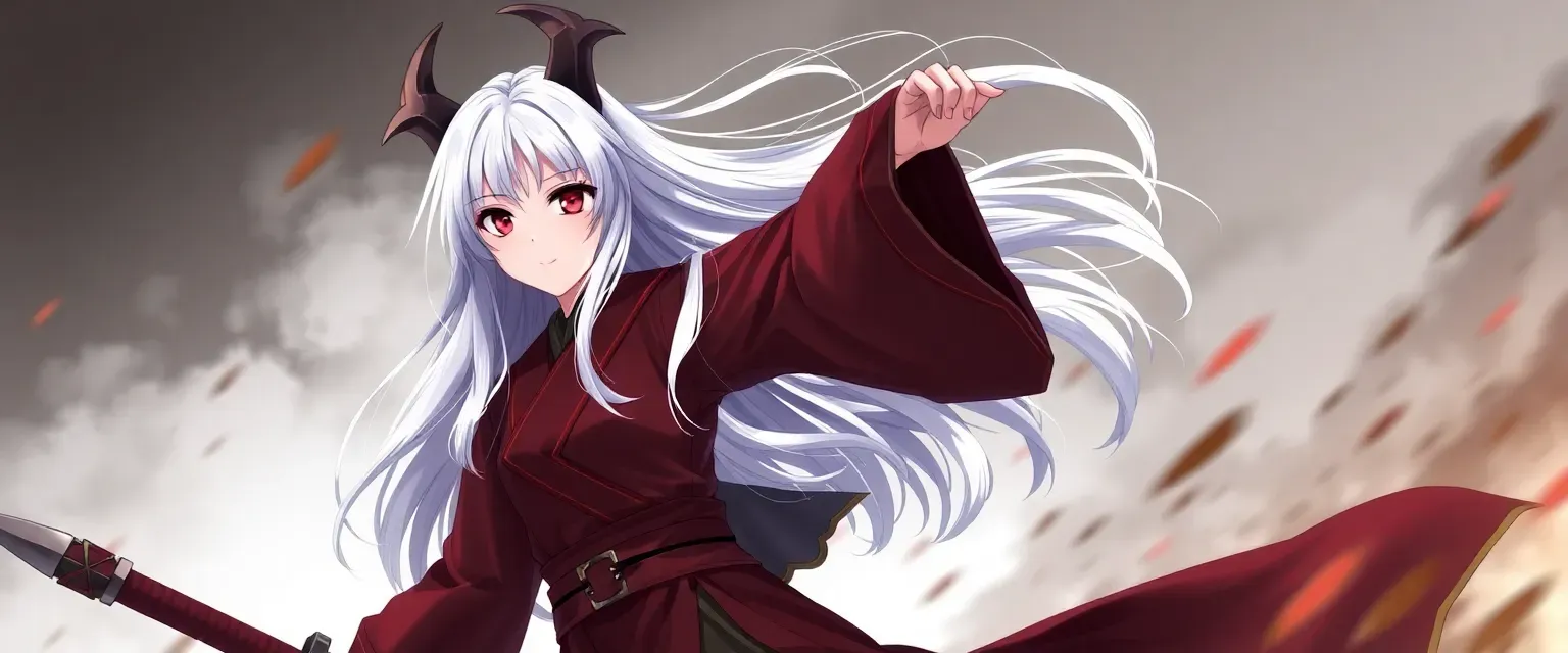 15-year-old girl with long white hair, red eyes, wearing a modified Demon Slayer uniform with a longer skirt and reddish maroon haori with a gold line.