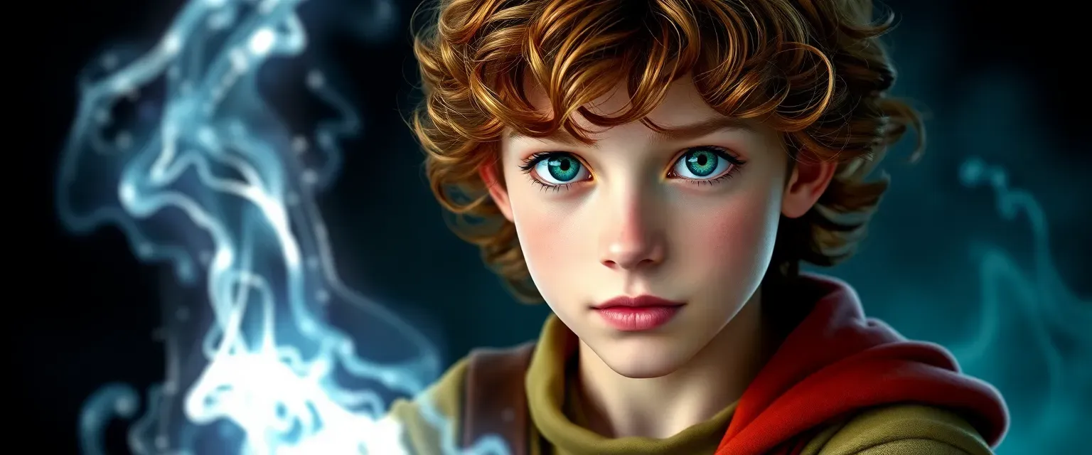 16-year-old boy with emerald eyes and chestnut curls, wearing a simple tunic and breeches, exuding raw magical power.