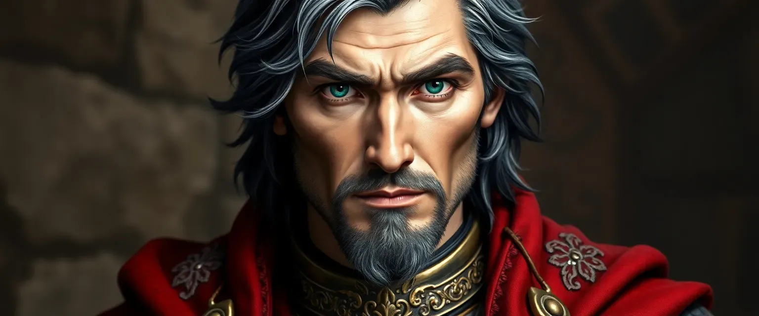 A fifty-two-year-old emperor with silver-streaked black hair and emerald eyes, wearing a crimson cloak and engraved armor.
