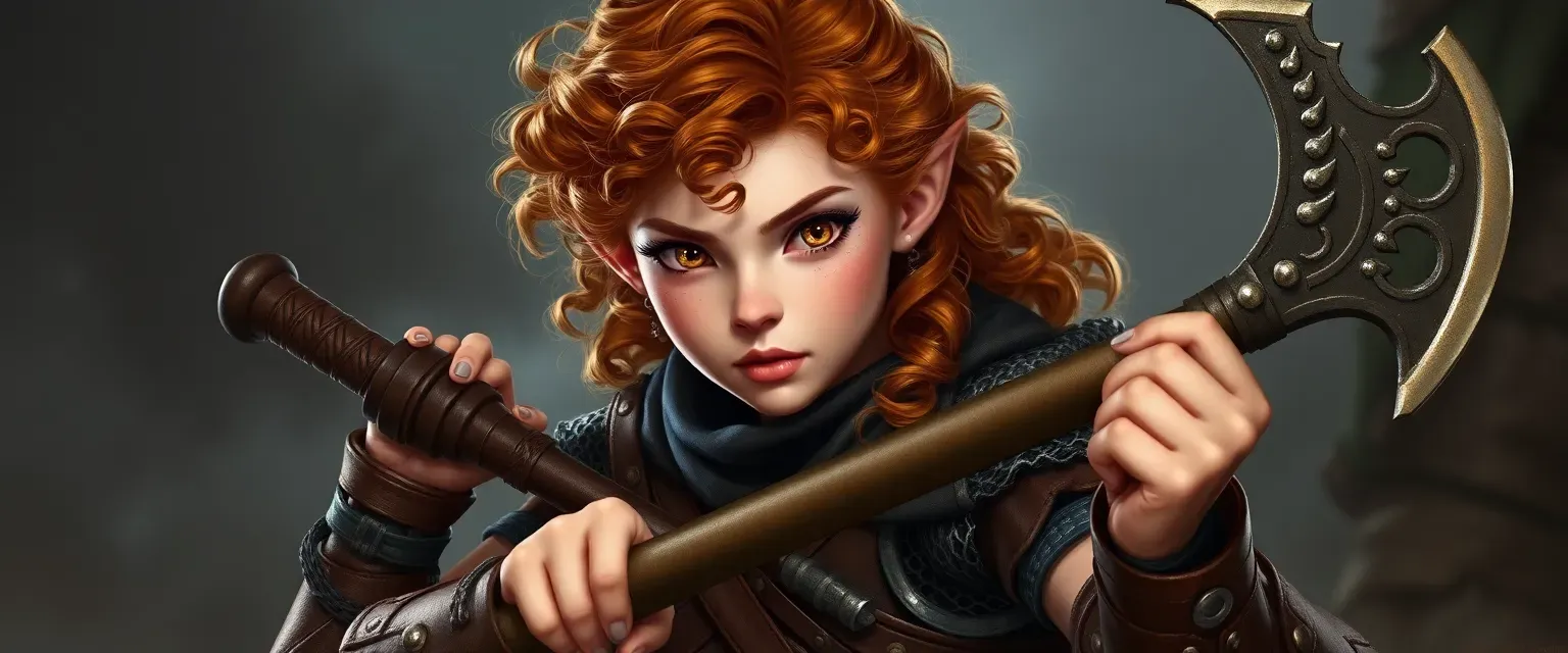 25-year-old halfling female fighter, curly chestnut hair, amber eyes, leather and chainmail armor, wielding a halberd.
