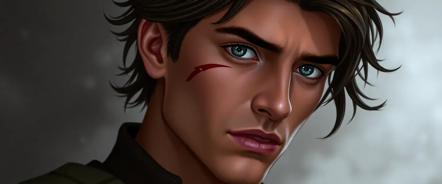 24-year-old man with dark brown hair, gray eyes, and a scar on his left cheek, wearing practical clothes with Tymora symbols.