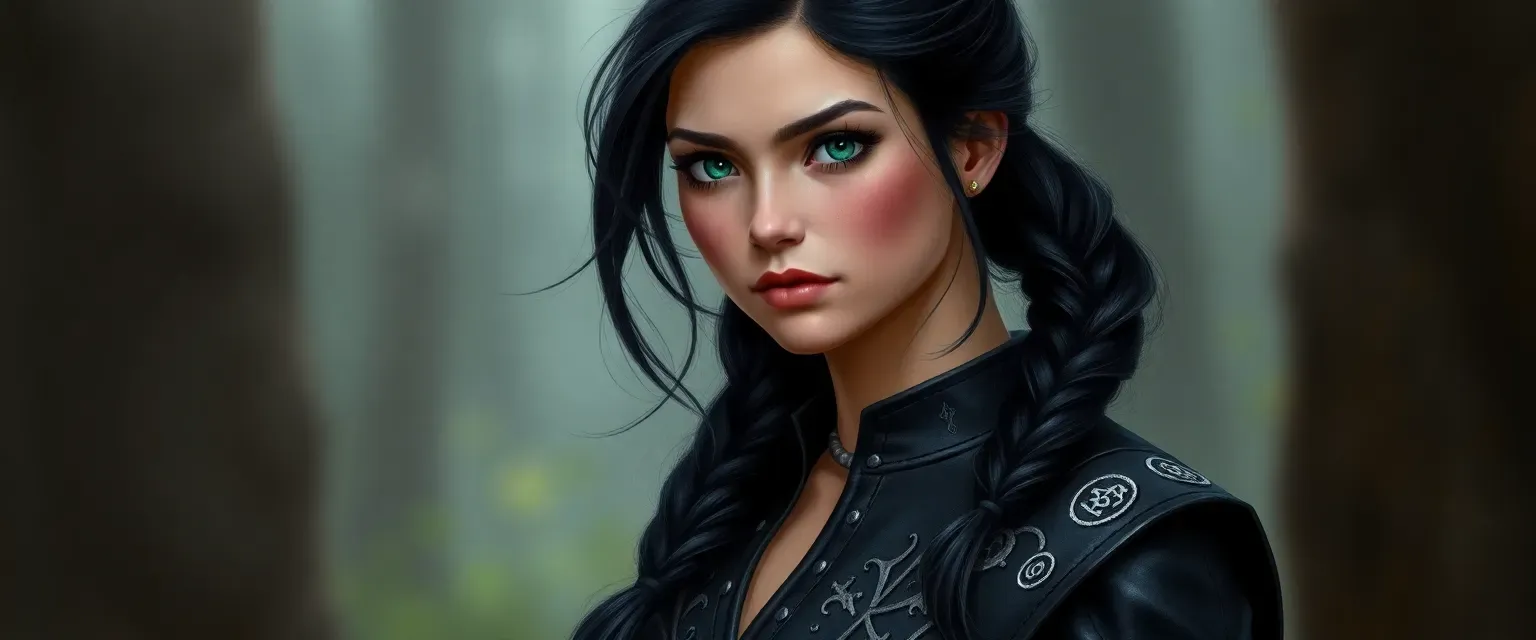Young woman, early 20s, raven black hair in a braid, emerald eyes, dark leather tunic with silver runes, sturdy boots.