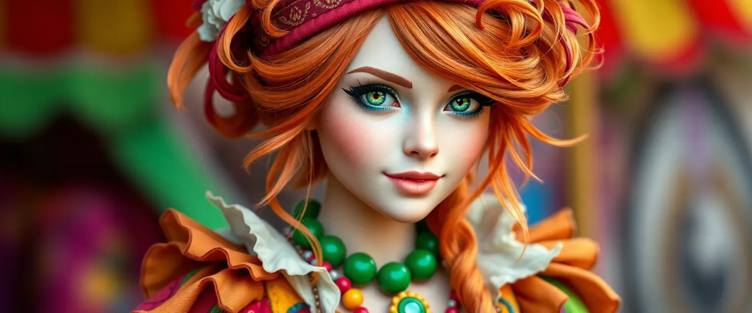 Auburn-haired gnome woman in vibrant, patched carnival attire, with emerald eyes and a spirited demeanor.