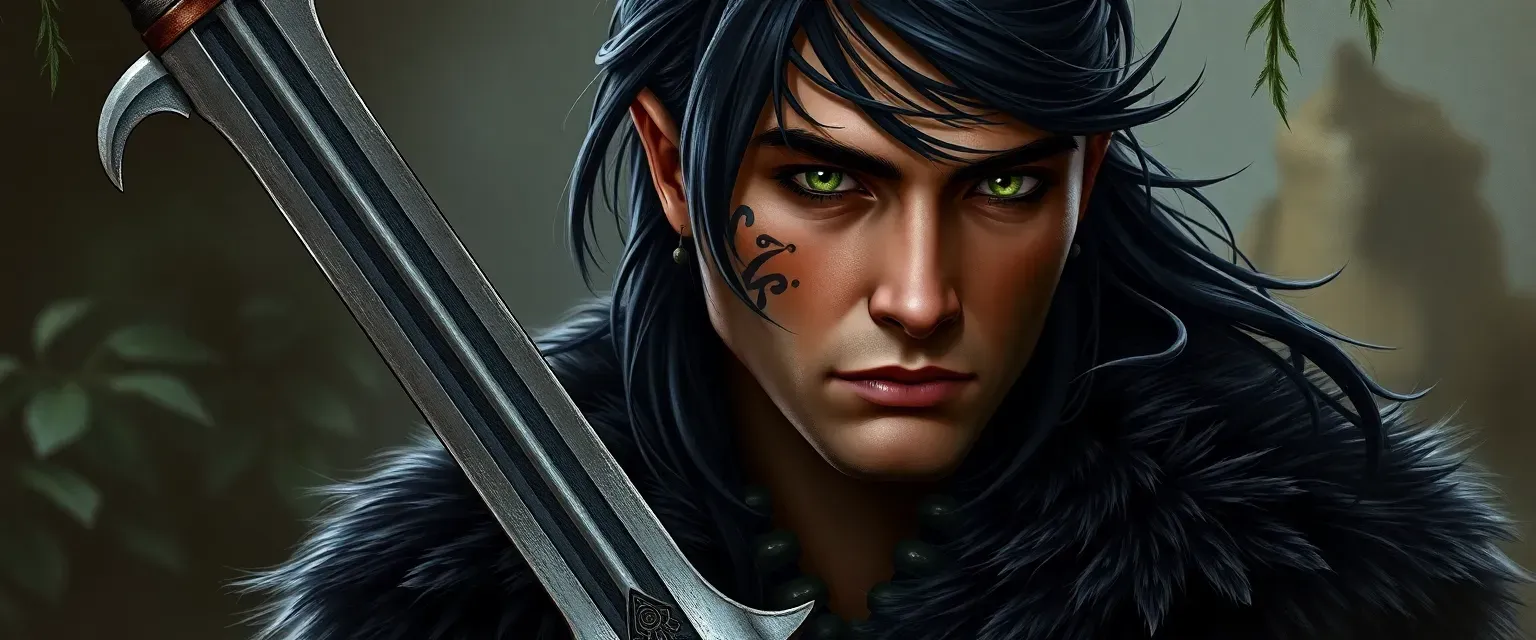 Late 30s shifter with green eyes, dark hair, tribal tattoos, wearing leather and fur, carrying an elven longsword.