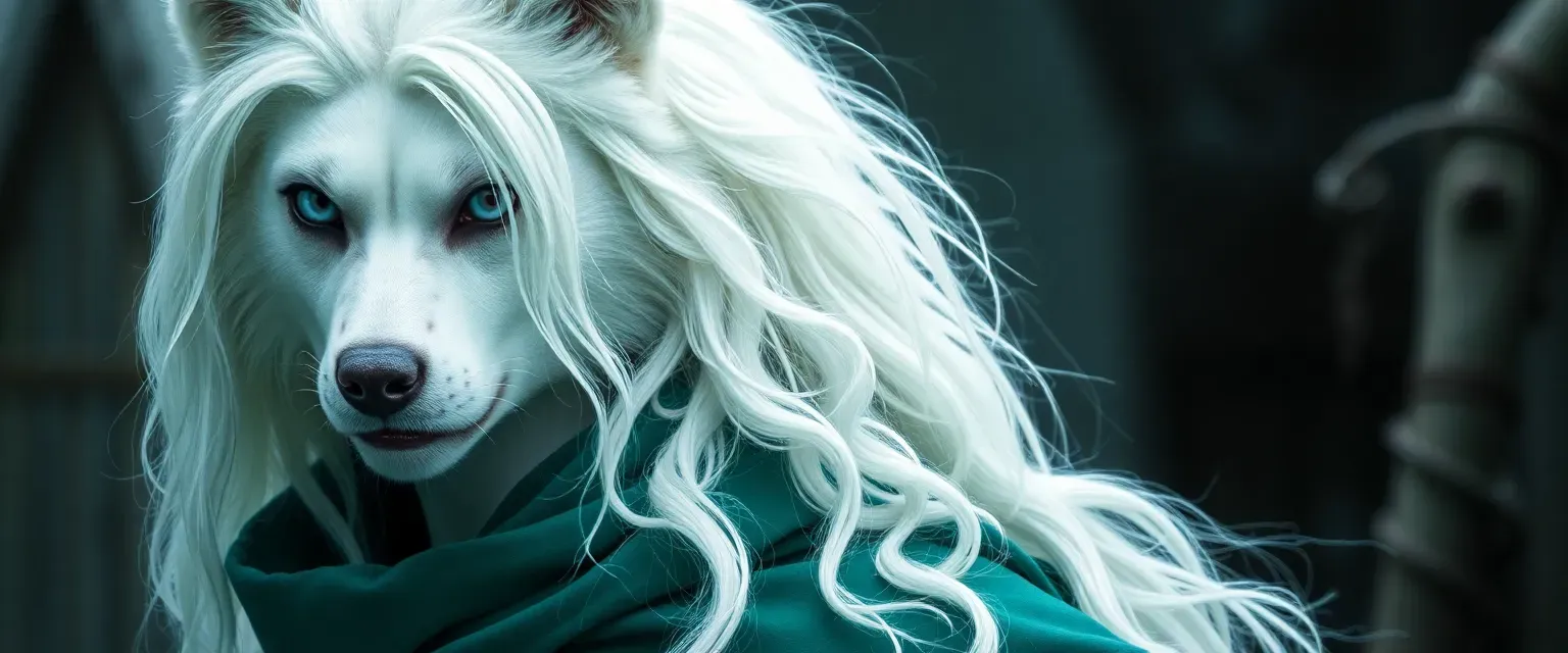 18-year-old elemental witch werewolf, white hair, ice blue eyes, emerald cloak, Slytherin.