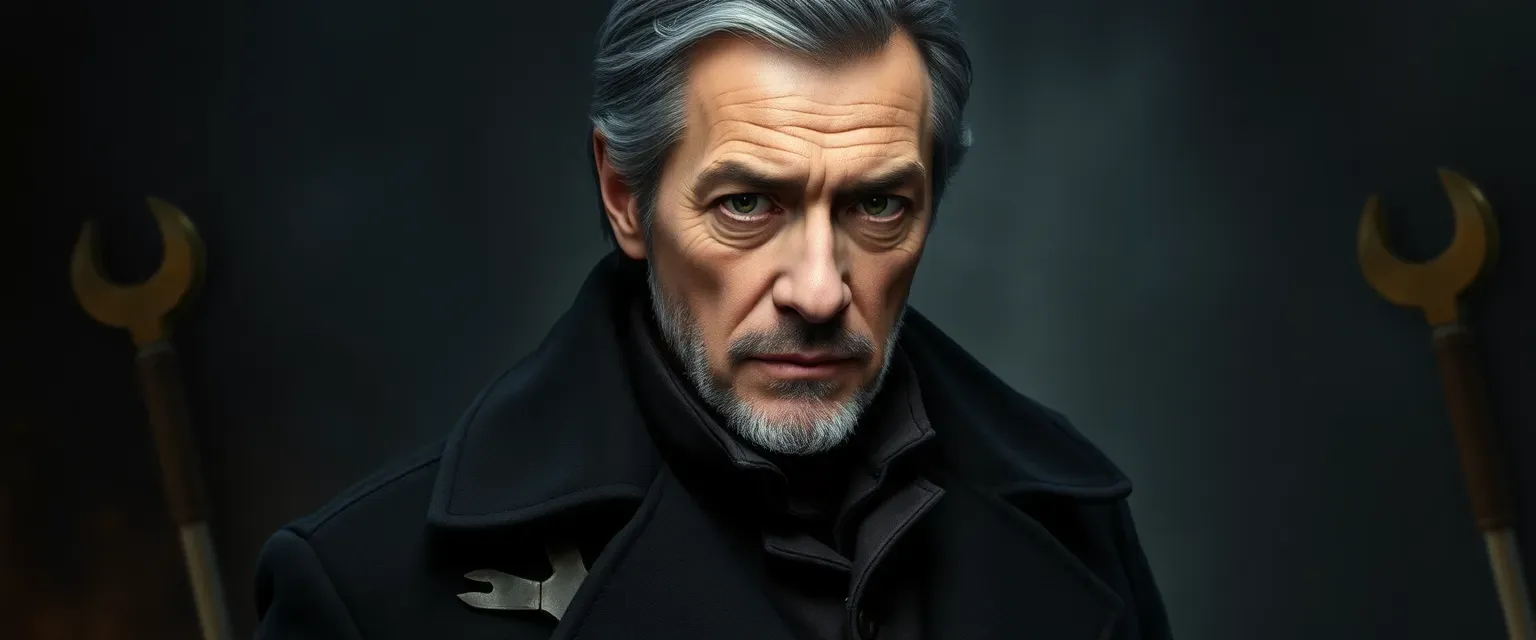 Late 40s man with gray-streaked black hair, piercing green eyes, wearing a long dark coat, equipped with hidden tools.