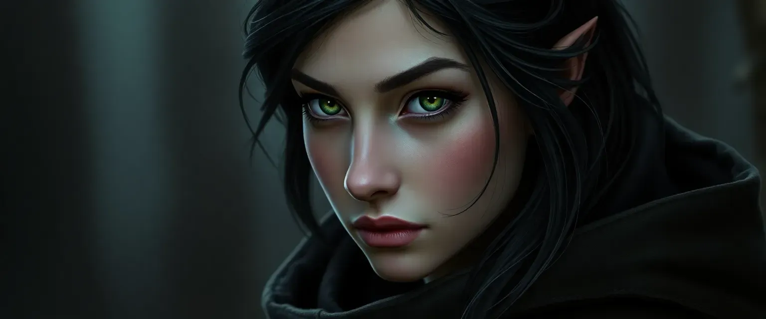 Young dhampir woman with dark hair, green eyes, wearing forest-hued leathers and a shadowy cloak.