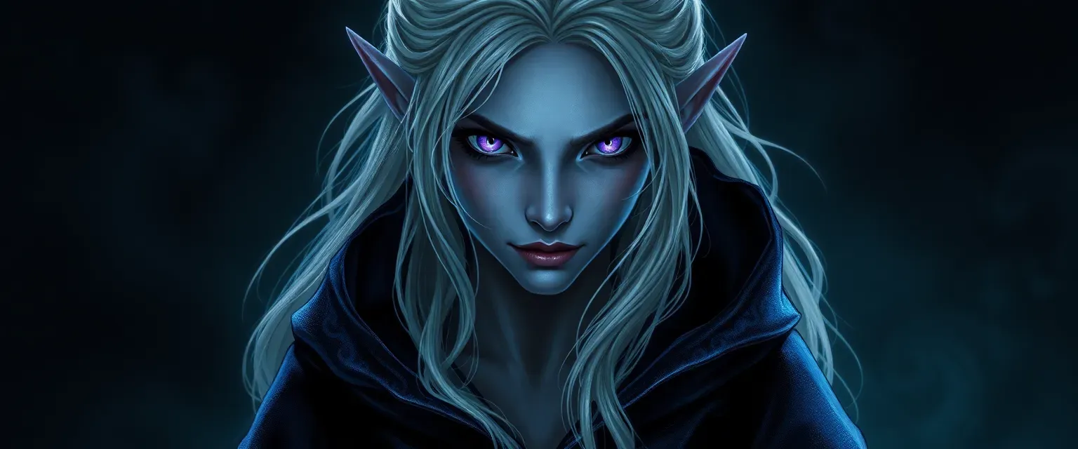 Dark elf sorceress with silver hair and deep violet eyes, wearing a dark robe with shimmering arcane patterns.