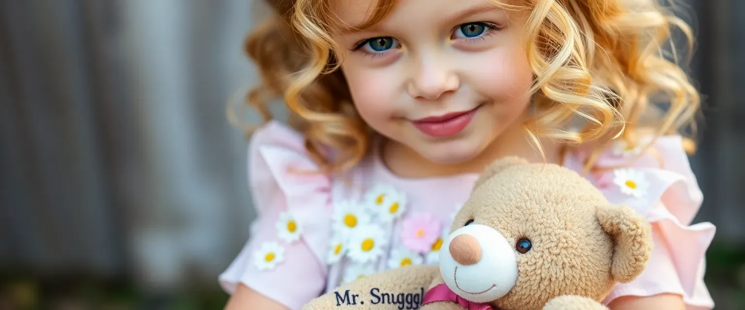 A cute 5-year-old girl named Honey with golden curls wearing a pastel dress adorned with daisies, holding a worn teddy bear named Mr. Snuggles.