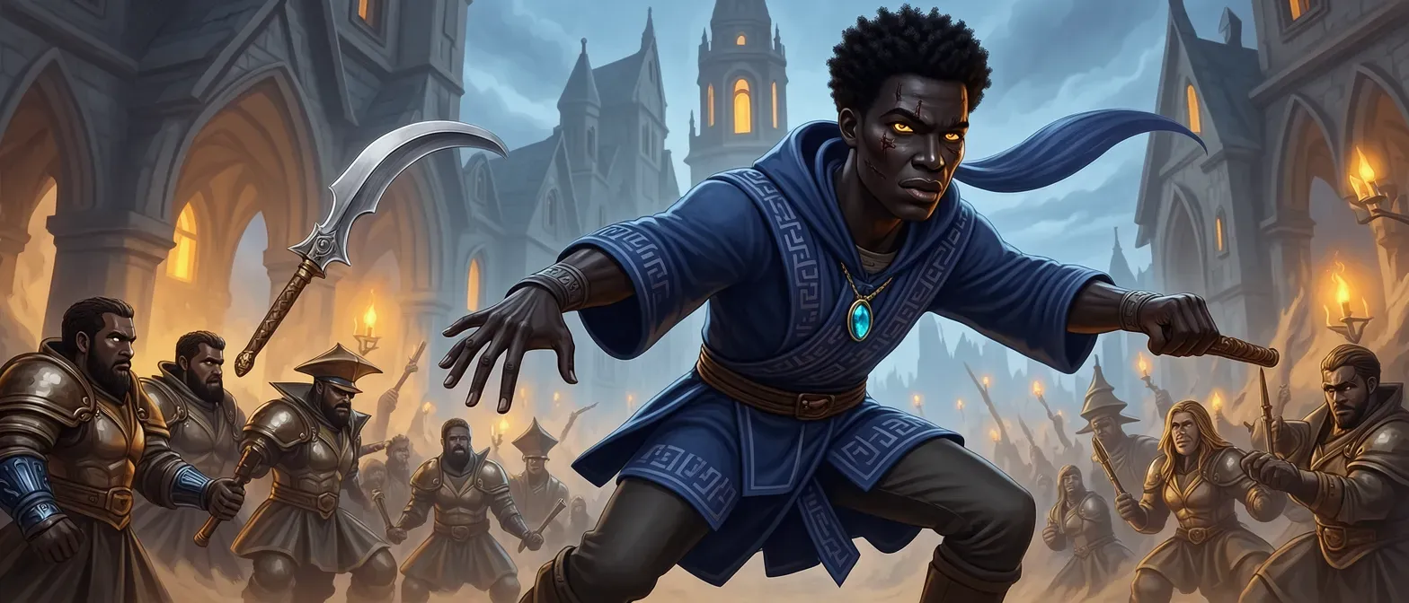 Sixteen-year-old Black human mage student with obsidian skin, amber eyes, scarred cheeks, wearing indigo rune-embroidered robes and a tourmaline amulet.