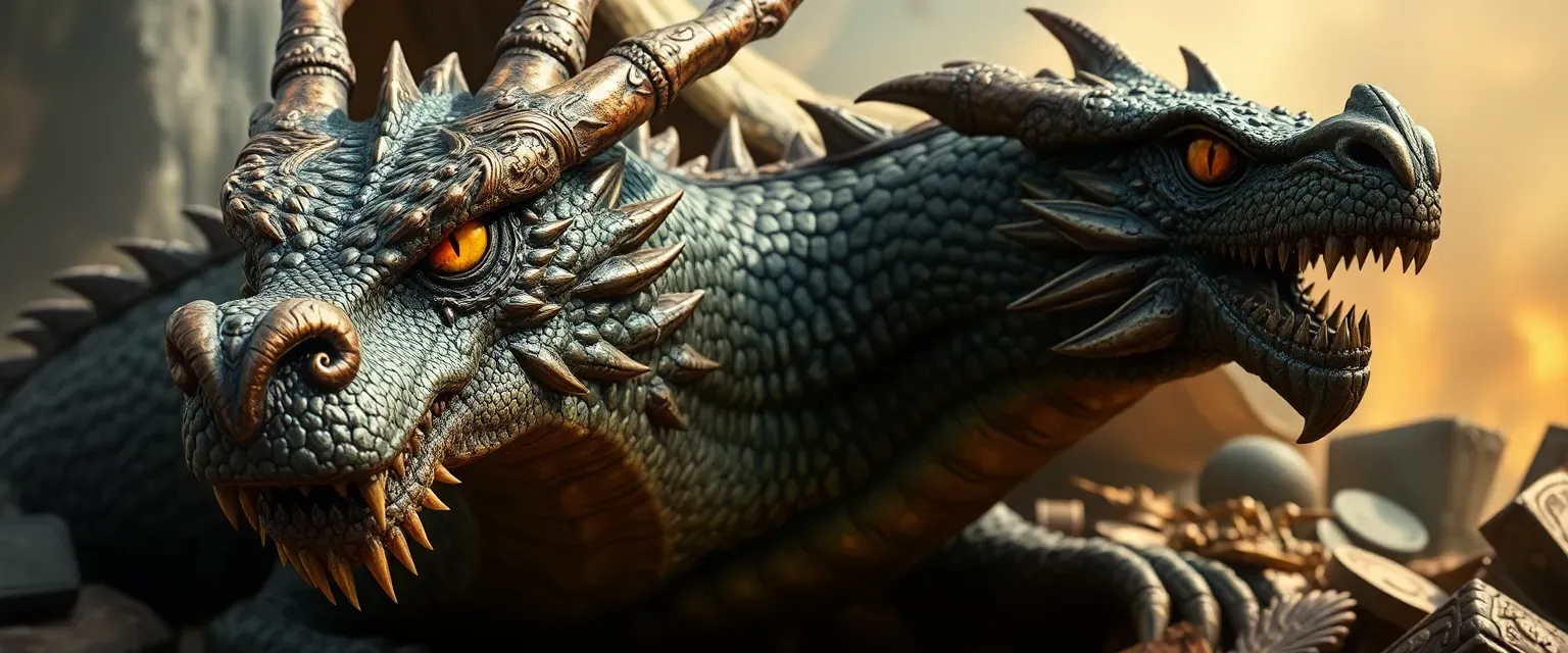 An ancient dragon with tarnished bronze scales, yellow eyes, and a jagged scar, surrounded by his vast treasure hoard.