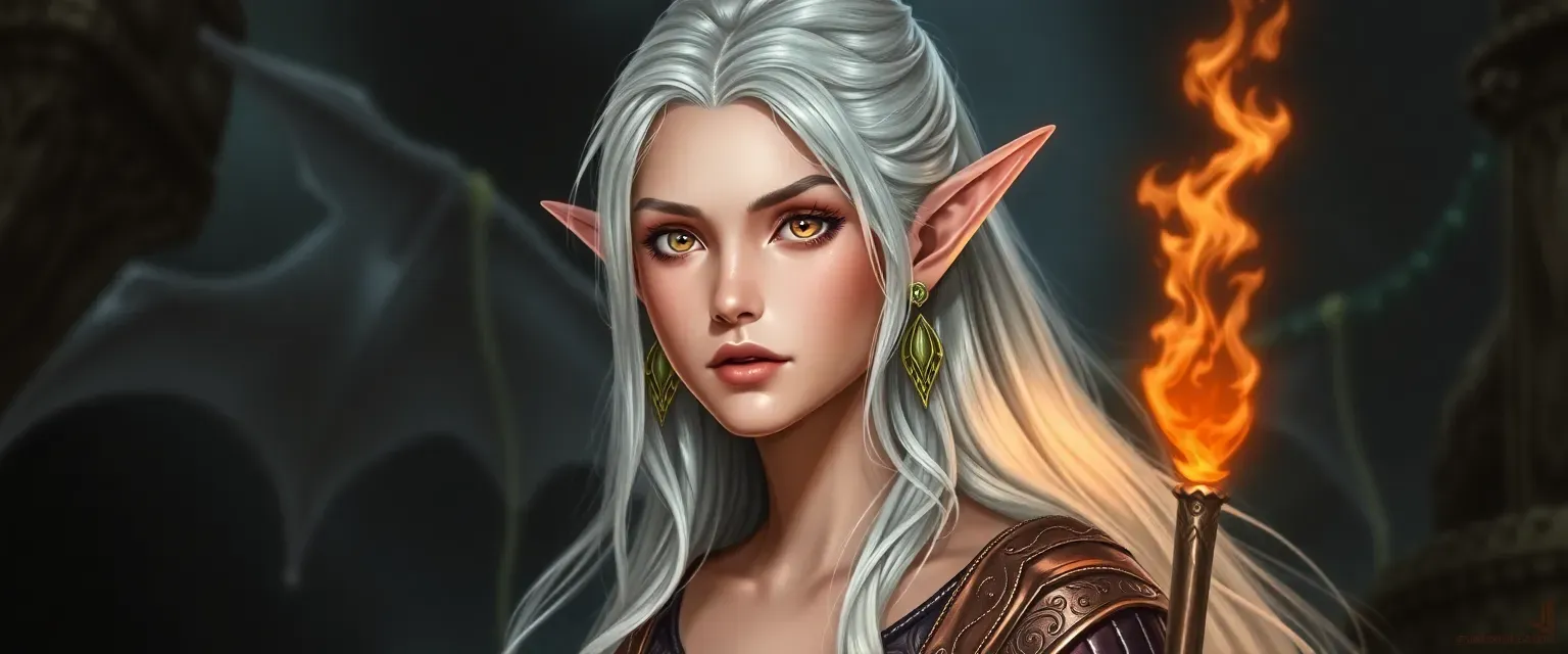 High Elf Princess, 915 years old, 5'8", silver hair, gold eyes, fair skin, Draconic Sorcerer with fire dragon ancestry.