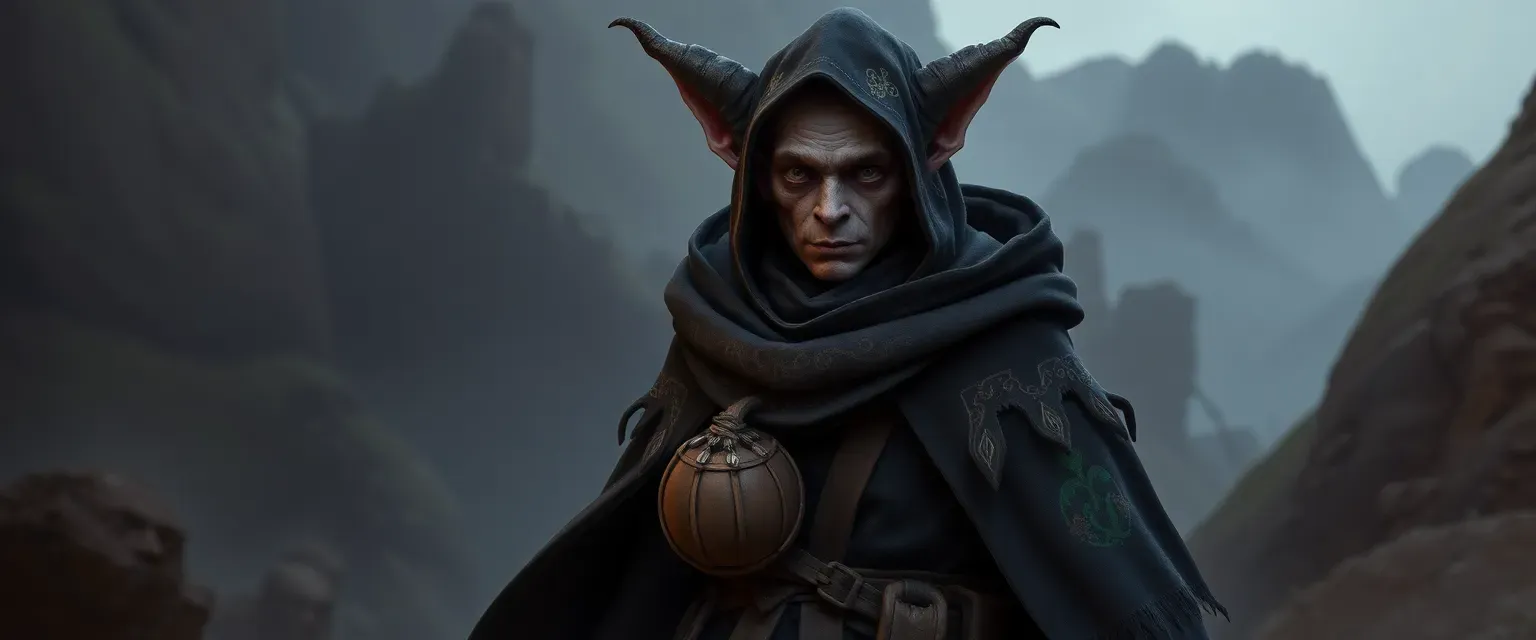 25-year-old changeling, embroidered cloak, bag of holding, disguised, on the run.