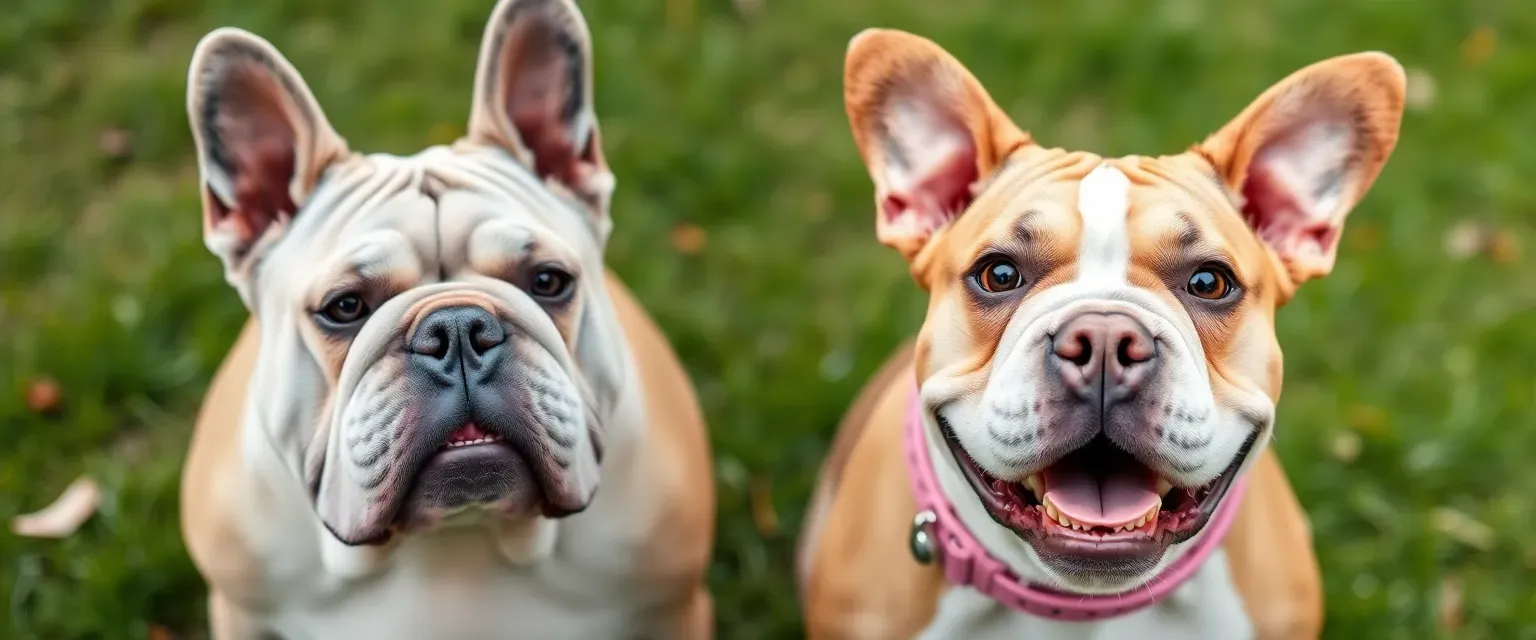 Gray-muzzled bulldog with a limp, vibrant pink-collared energetic bulldog, mischievous bulldog with a love for sausages.