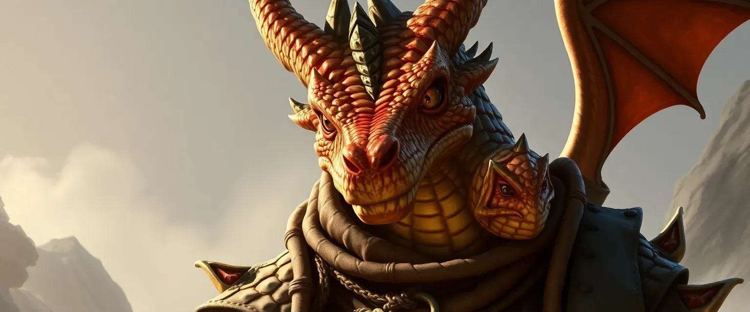 Tall dragonborn with shimmering brass scales, amber eyes, wearing practical yet adorned attire.